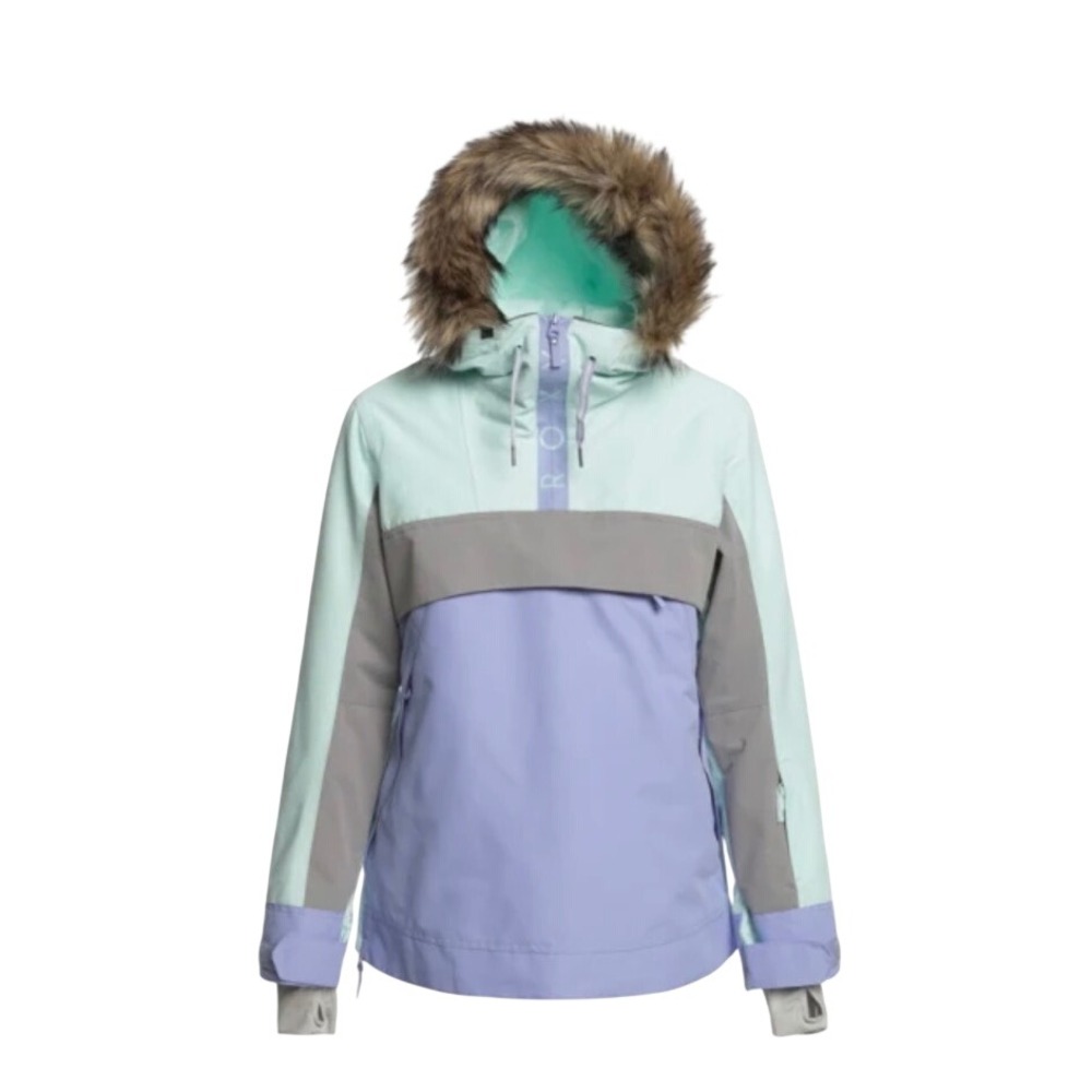 Roxy Shelter Anorak M Snowboard Jacket Fair Aqua Faux Fur Hood Ski Insulated